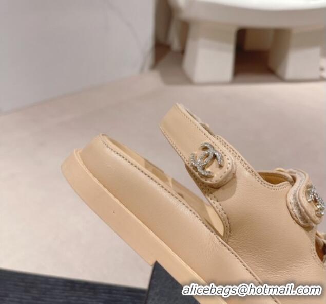 Buy Luxury Chanel Lambskin Flat Sandals with Triple Straps and Crystals CC Apricot 423028