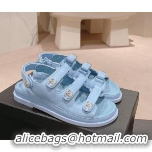 Trendy Design Chanel Lambskin Flat Sandals with Triple Straps and Crystals CC Light Blue 423029