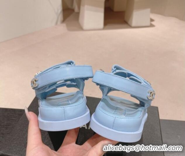 Trendy Design Chanel Lambskin Flat Sandals with Triple Straps and Crystals CC Light Blue 423029