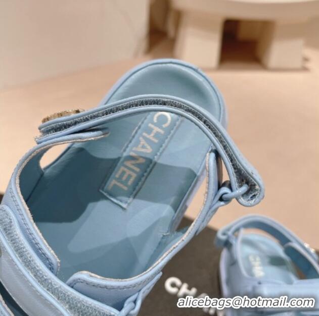 Trendy Design Chanel Lambskin Flat Sandals with Triple Straps and Crystals CC Light Blue 423029