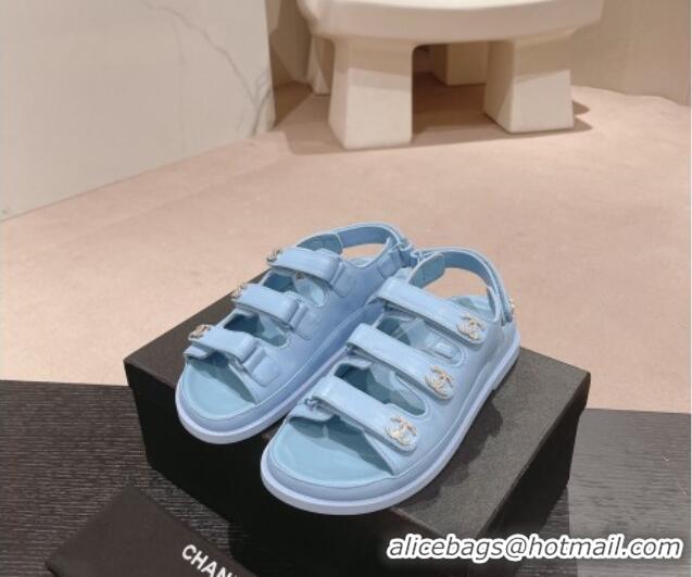 Trendy Design Chanel Lambskin Flat Sandals with Triple Straps and Crystals CC Light Blue 423029