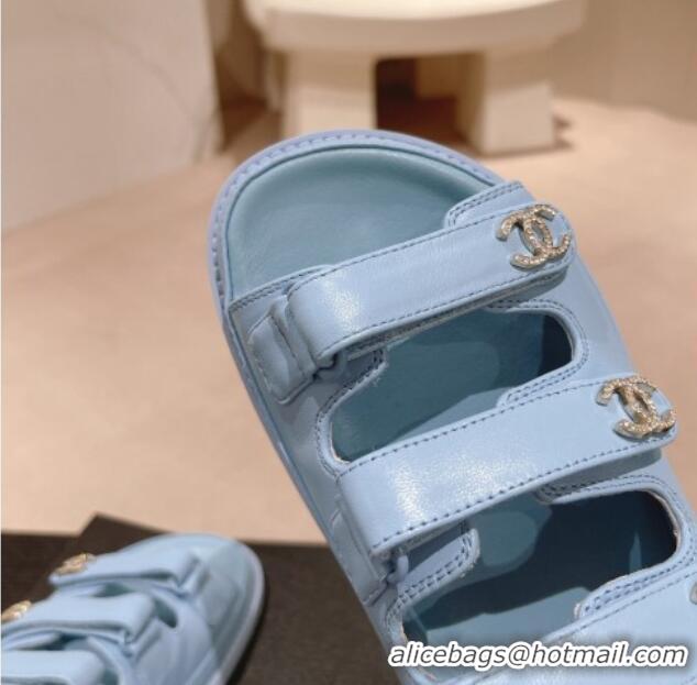 Trendy Design Chanel Lambskin Flat Sandals with Triple Straps and Crystals CC Light Blue 423029