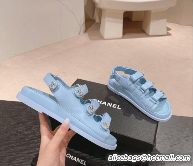 Trendy Design Chanel Lambskin Flat Sandals with Triple Straps and Crystals CC Light Blue 423029