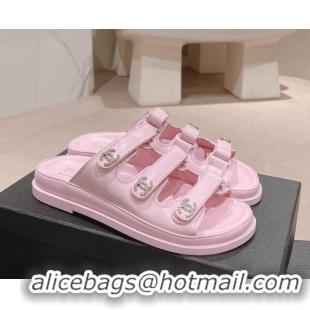 Top Design Chanel Lambskin Flat Slide Sandals with Triple Straps and Crystals CC Pink 0423030