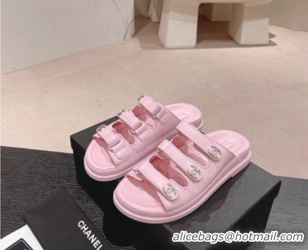 Top Design Chanel Lambskin Flat Slide Sandals with Triple Straps and Crystals CC Pink 0423030