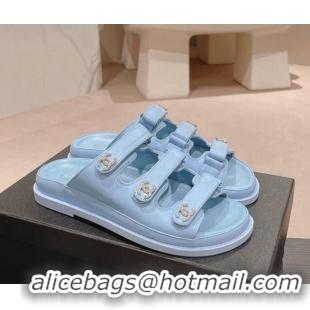 Discount Chanel Lambskin Flat Slide Sandals with Triple Straps and Crystals CC Blue 423031