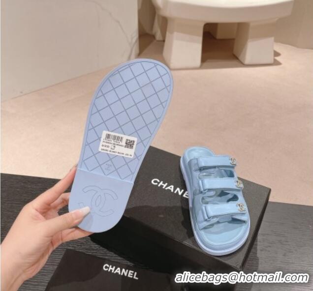 Discount Chanel Lambskin Flat Slide Sandals with Triple Straps and Crystals CC Blue 423031