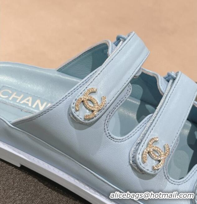 Discount Chanel Lambskin Flat Slide Sandals with Triple Straps and Crystals CC Blue 423031