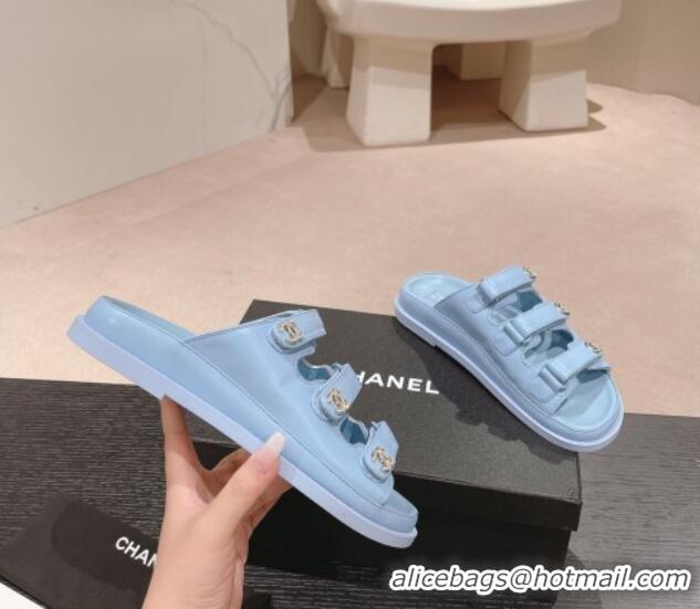 Discount Chanel Lambskin Flat Slide Sandals with Triple Straps and Crystals CC Blue 423031