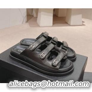 Luxury Chanel Lambskin Flat Slide Sandals with Triple Straps and Crystals CC Black 0423032