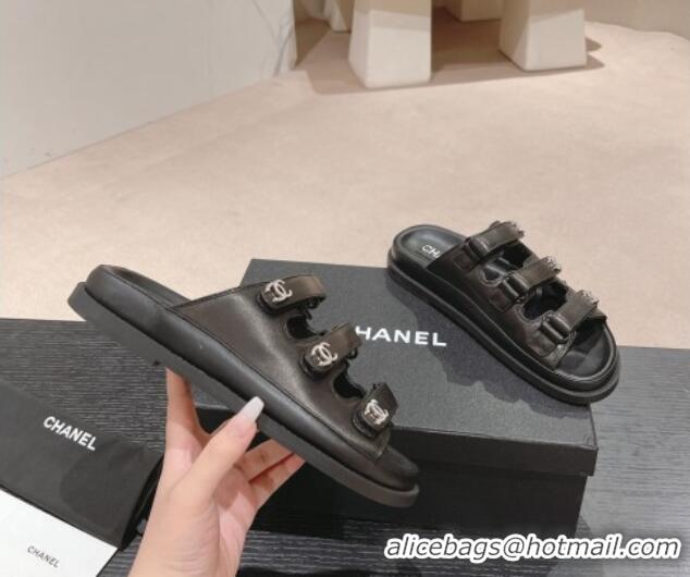 Luxury Chanel Lambskin Flat Slide Sandals with Triple Straps and Crystals CC Black 0423032