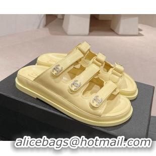 Big Discount Chanel Lambskin Flat Slide Sandals with Triple Straps and Crystals CC Yellow 423034