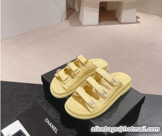 Big Discount Chanel Lambskin Flat Slide Sandals with Triple Straps and Crystals CC Yellow 423034