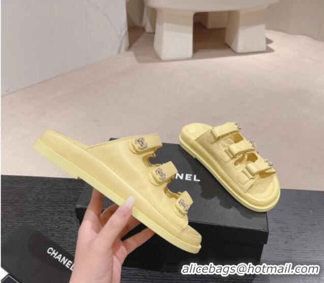 Big Discount Chanel Lambskin Flat Slide Sandals with Triple Straps and Crystals CC Yellow 423034