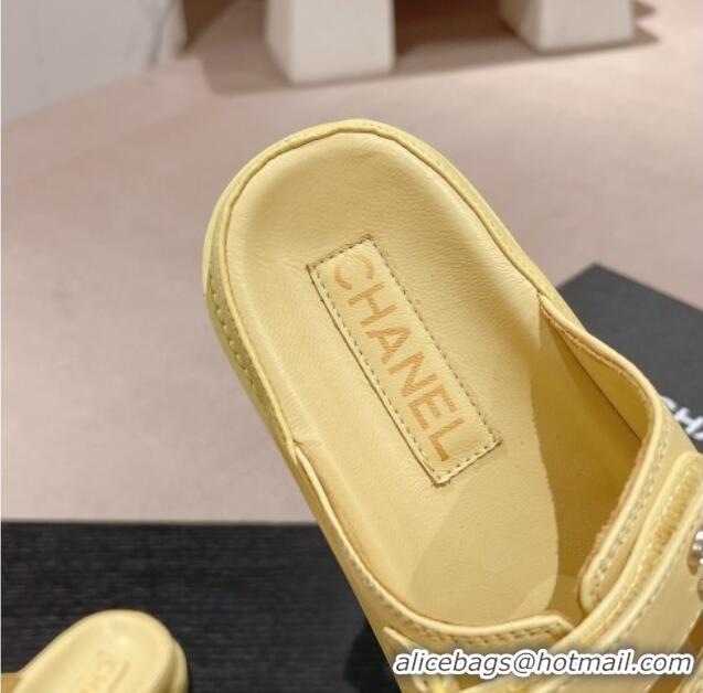 Big Discount Chanel Lambskin Flat Slide Sandals with Triple Straps and Crystals CC Yellow 423034