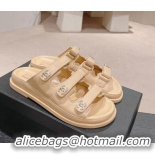 Shop Duplicate Chanel Lambskin Flat Slide Sandals with Triple Straps and Crystals CC Beige 423035