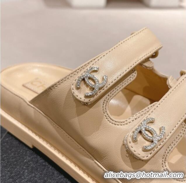 Shop Duplicate Chanel Lambskin Flat Slide Sandals with Triple Straps and Crystals CC Beige 423035