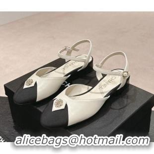 Top Grade Chanel Lambskin Flat Slingback Flat with Crystals Bloom White 0423036