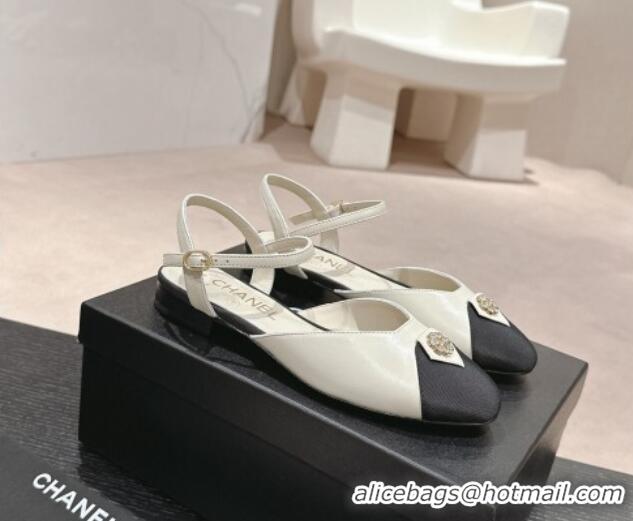 Top Grade Chanel Lambskin Flat Slingback Flat with Crystals Bloom White 0423036