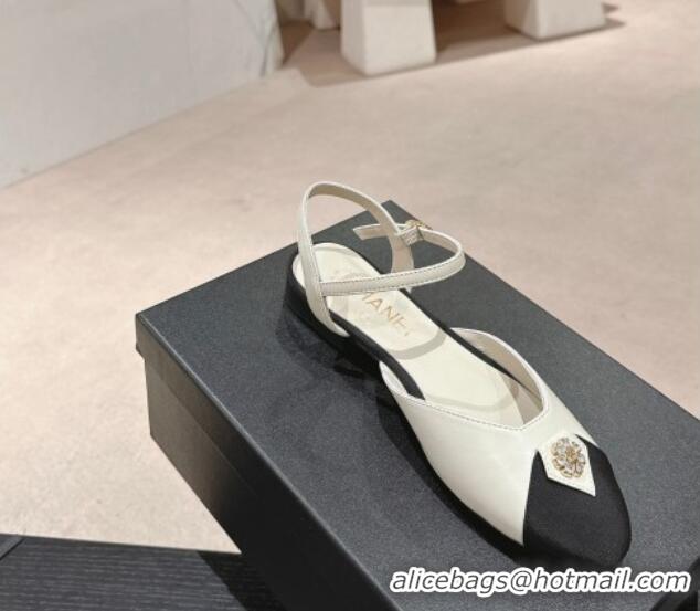 Top Grade Chanel Lambskin Flat Slingback Flat with Crystals Bloom White 0423036