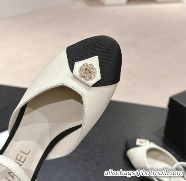 Top Grade Chanel Lambskin Flat Slingback Flat with Crystals Bloom White 0423036