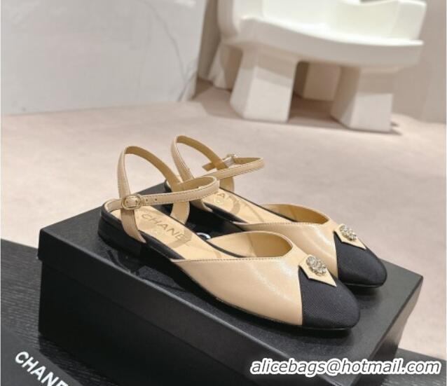 Durable Chanel Lambskin Flat Slingback Flat with Crystals Bloom Beige 423037