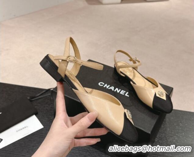 Durable Chanel Lambskin Flat Slingback Flat with Crystals Bloom Beige 423037