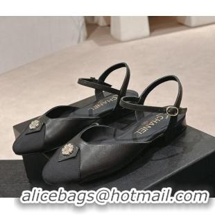 Popular Style Chanel Lambskin Flat Slingback Flat with Crystals Bloom Black 423038