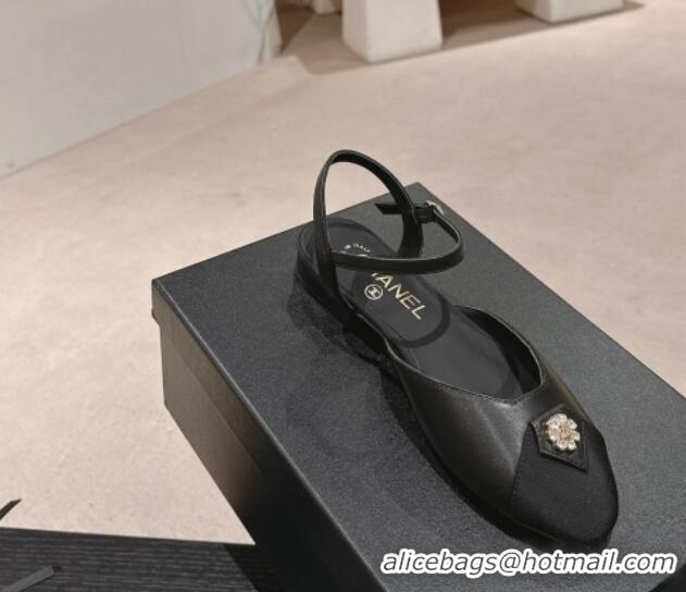 Popular Style Chanel Lambskin Flat Slingback Flat with Crystals Bloom Black 423038