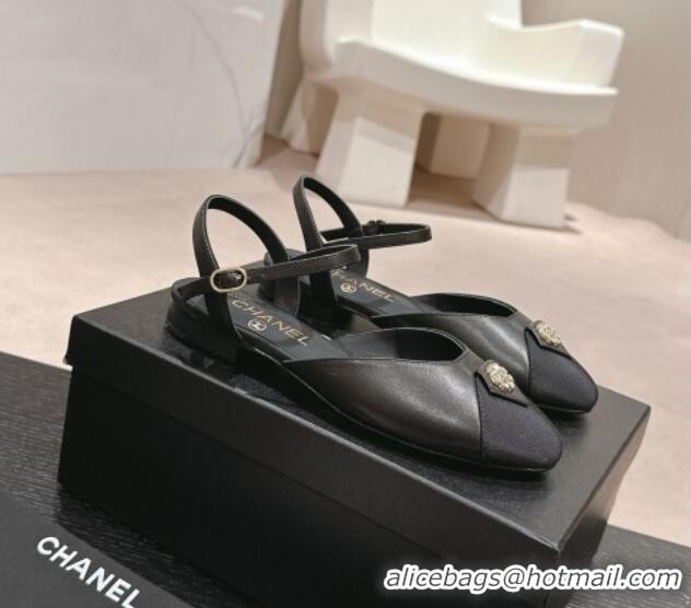 Popular Style Chanel Lambskin Flat Slingback Flat with Crystals Bloom Black 423038