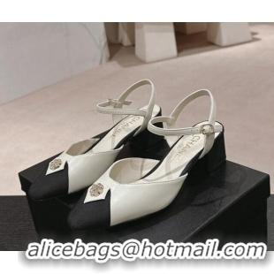 Good Quality Chanel Lambskin Slingback Pumps 4.5cm with Crystals Bloom White 423039