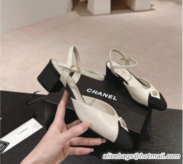 Good Quality Chanel Lambskin Slingback Pumps 4.5cm with Crystals Bloom White 423039