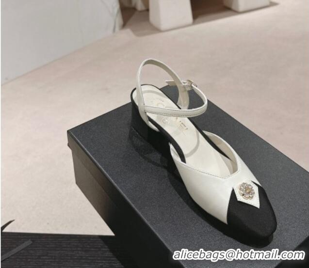 Good Quality Chanel Lambskin Slingback Pumps 4.5cm with Crystals Bloom White 423039