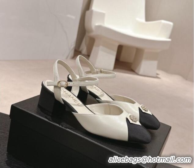 Good Quality Chanel Lambskin Slingback Pumps 4.5cm with Crystals Bloom White 423039