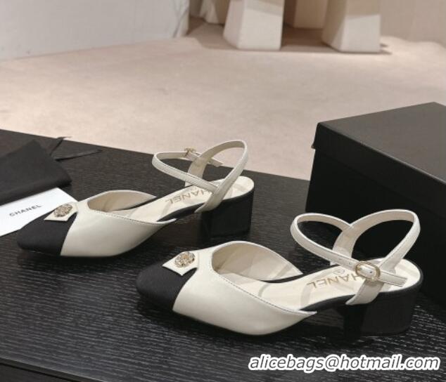 Good Quality Chanel Lambskin Slingback Pumps 4.5cm with Crystals Bloom White 423039