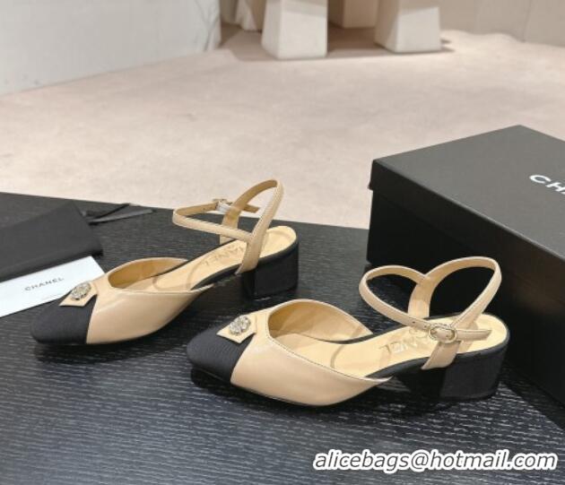 Best Product Chanel Lambskin Slingback Pumps 4.5cm with Crystals Bloom Beige 423040