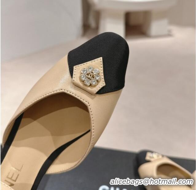 Best Product Chanel Lambskin Slingback Pumps 4.5cm with Crystals Bloom Beige 423040