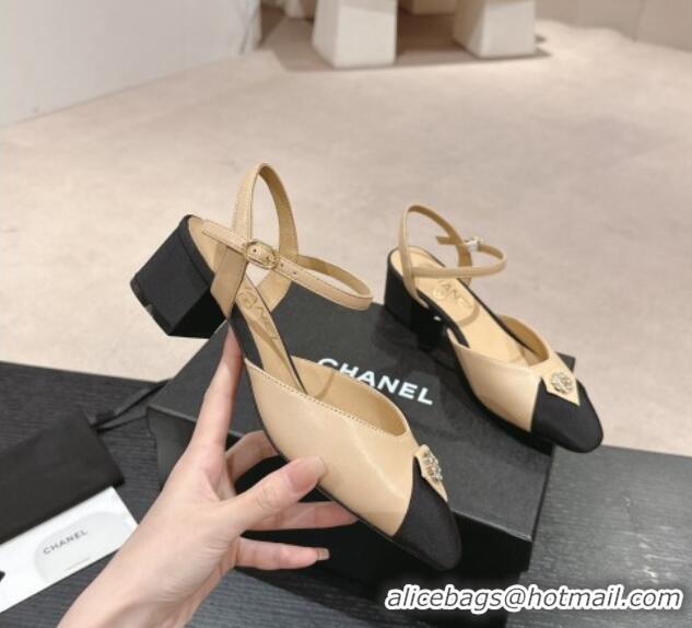 Best Product Chanel Lambskin Slingback Pumps 4.5cm with Crystals Bloom Beige 423040