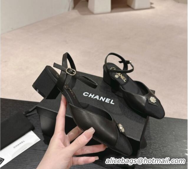 Unique Style Chanel Lambskin Slingback Pumps 4.5cm with Crystals Bloom Black 0423041