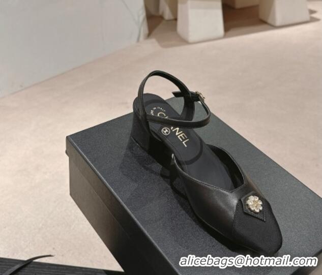 Unique Style Chanel Lambskin Slingback Pumps 4.5cm with Crystals Bloom Black 0423041