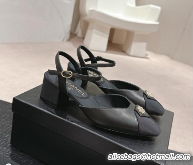 Unique Style Chanel Lambskin Slingback Pumps 4.5cm with Crystals Bloom Black 0423041