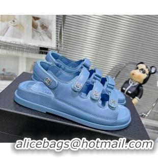 Grade Quality Chanel Lambskin Flat Sandals with Triple Straps and Crystals CC Denim Blue 0423043