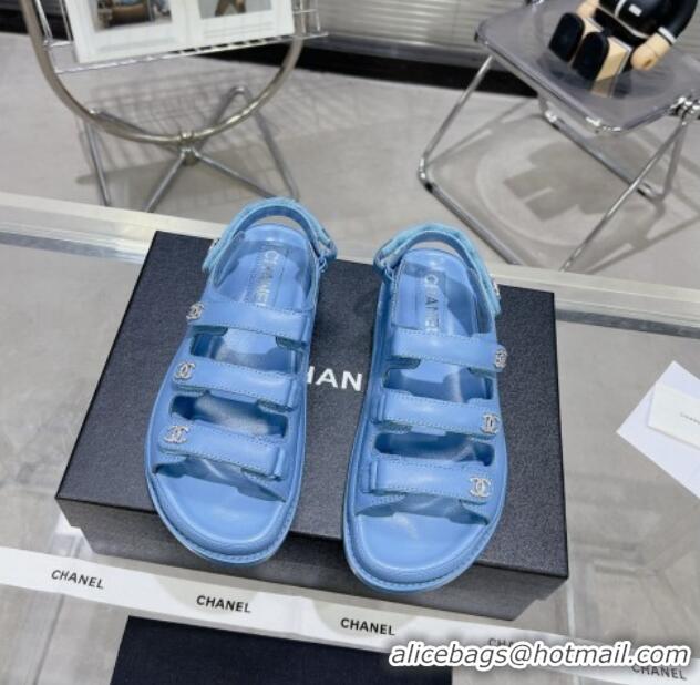 Grade Quality Chanel Lambskin Flat Sandals with Triple Straps and Crystals CC Denim Blue 0423043