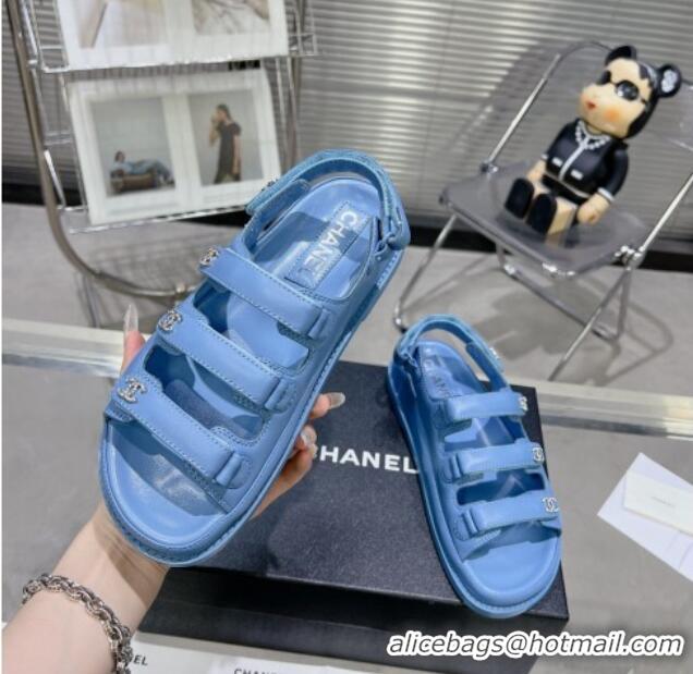 Grade Quality Chanel Lambskin Flat Sandals with Triple Straps and Crystals CC Denim Blue 0423043