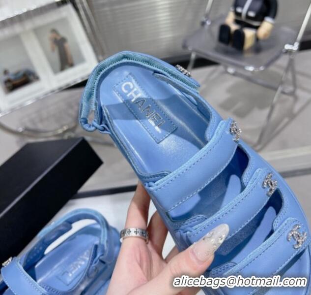 Grade Quality Chanel Lambskin Flat Sandals with Triple Straps and Crystals CC Denim Blue 0423043