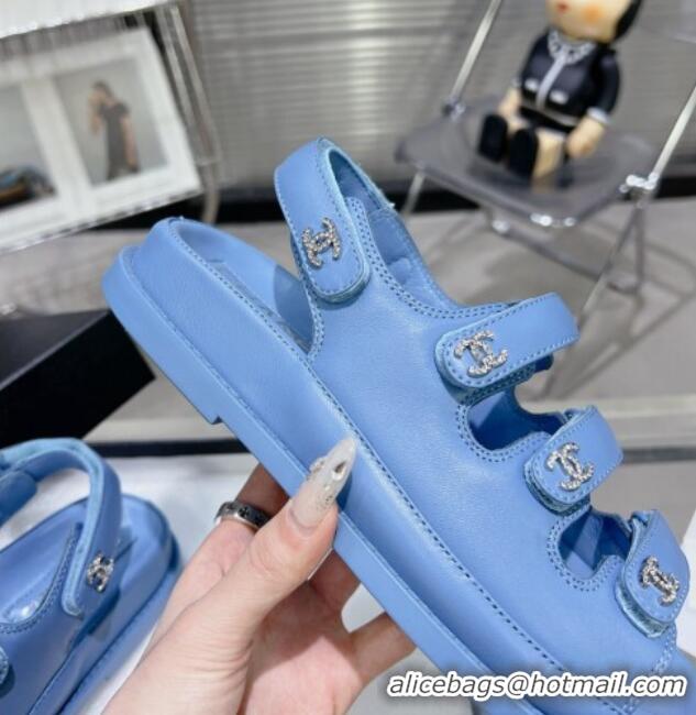 Grade Quality Chanel Lambskin Flat Sandals with Triple Straps and Crystals CC Denim Blue 0423043