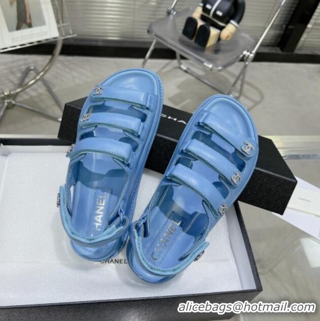 Grade Quality Chanel Lambskin Flat Sandals with Triple Straps and Crystals CC Denim Blue 0423043