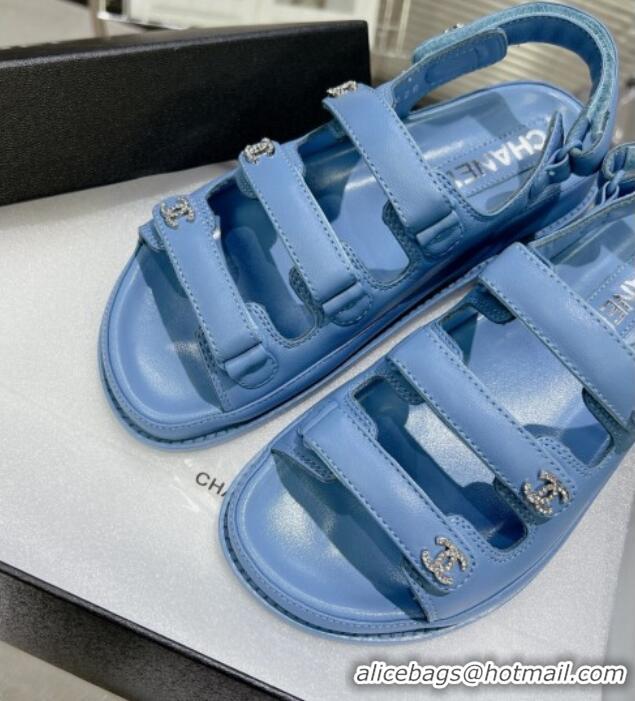 Grade Quality Chanel Lambskin Flat Sandals with Triple Straps and Crystals CC Denim Blue 0423043