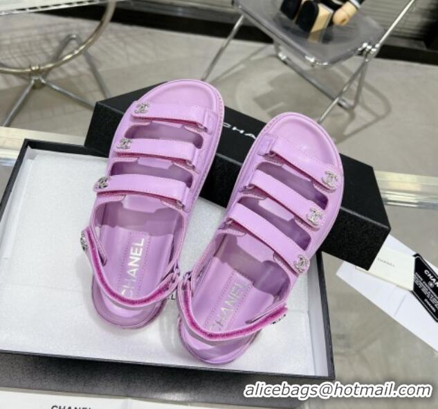 Low Price Chanel Lambskin Flat Sandals with Triple Straps and Crystals CC Purple 423044