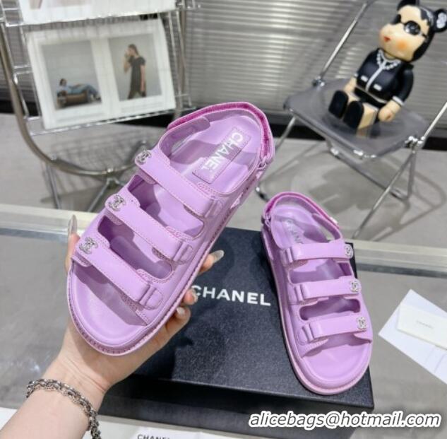 Low Price Chanel Lambskin Flat Sandals with Triple Straps and Crystals CC Purple 423044